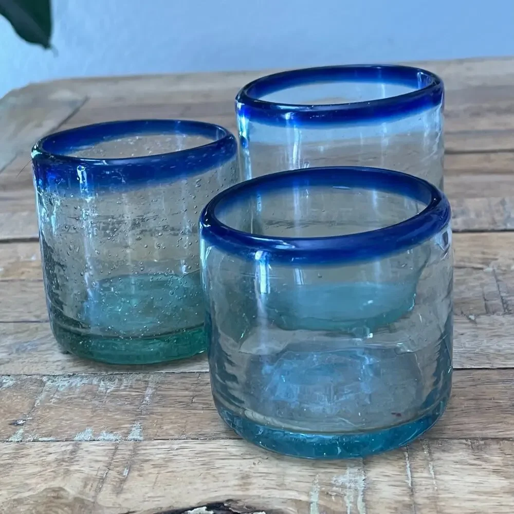 Hand-Blown Mexican Short Tumblers Set of 3 Clear Blue Rim